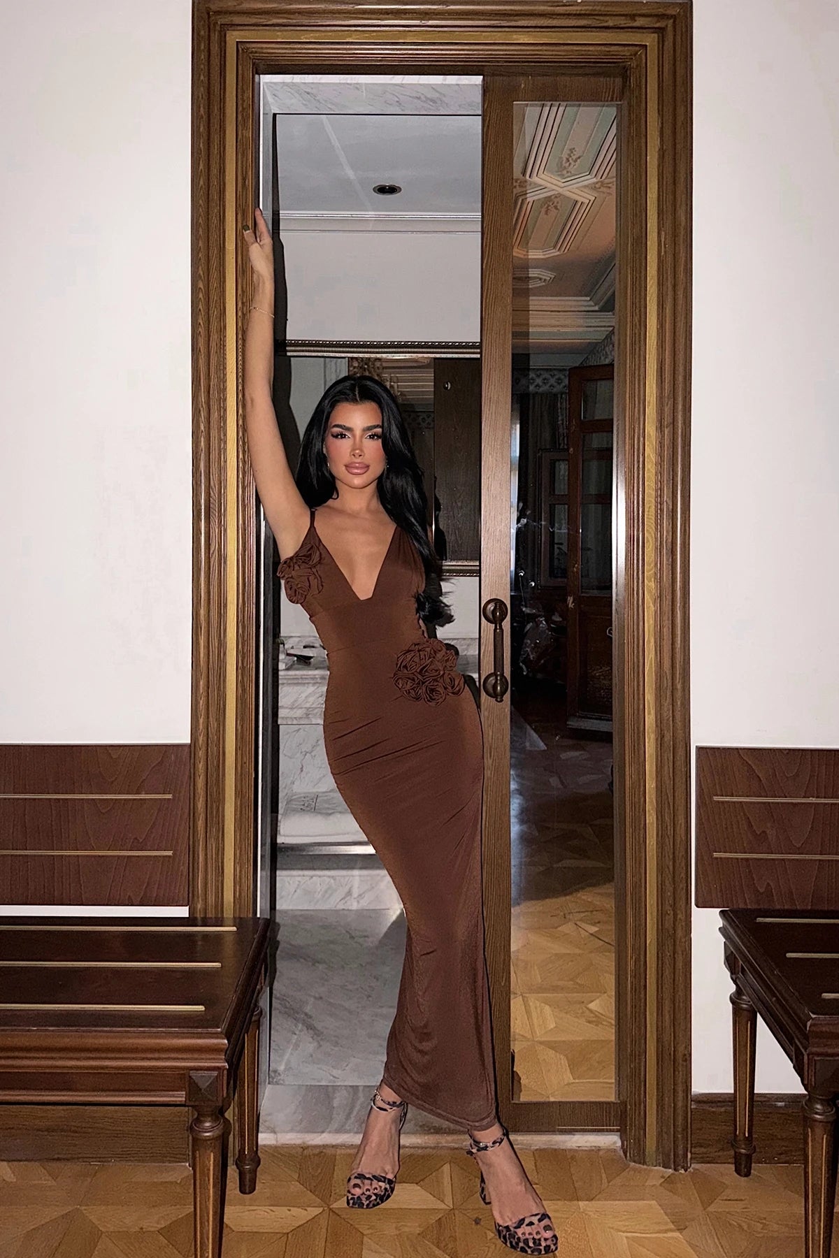 Brown Rose Detail Dress