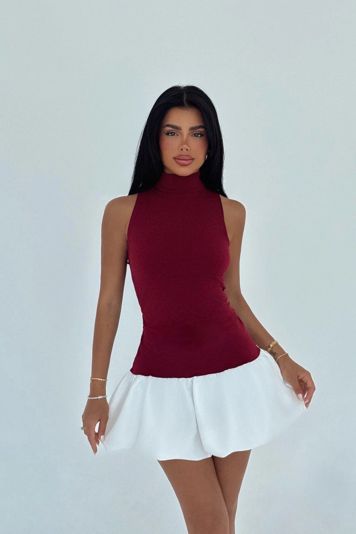 Burgundy Two-Tone Basic Dress