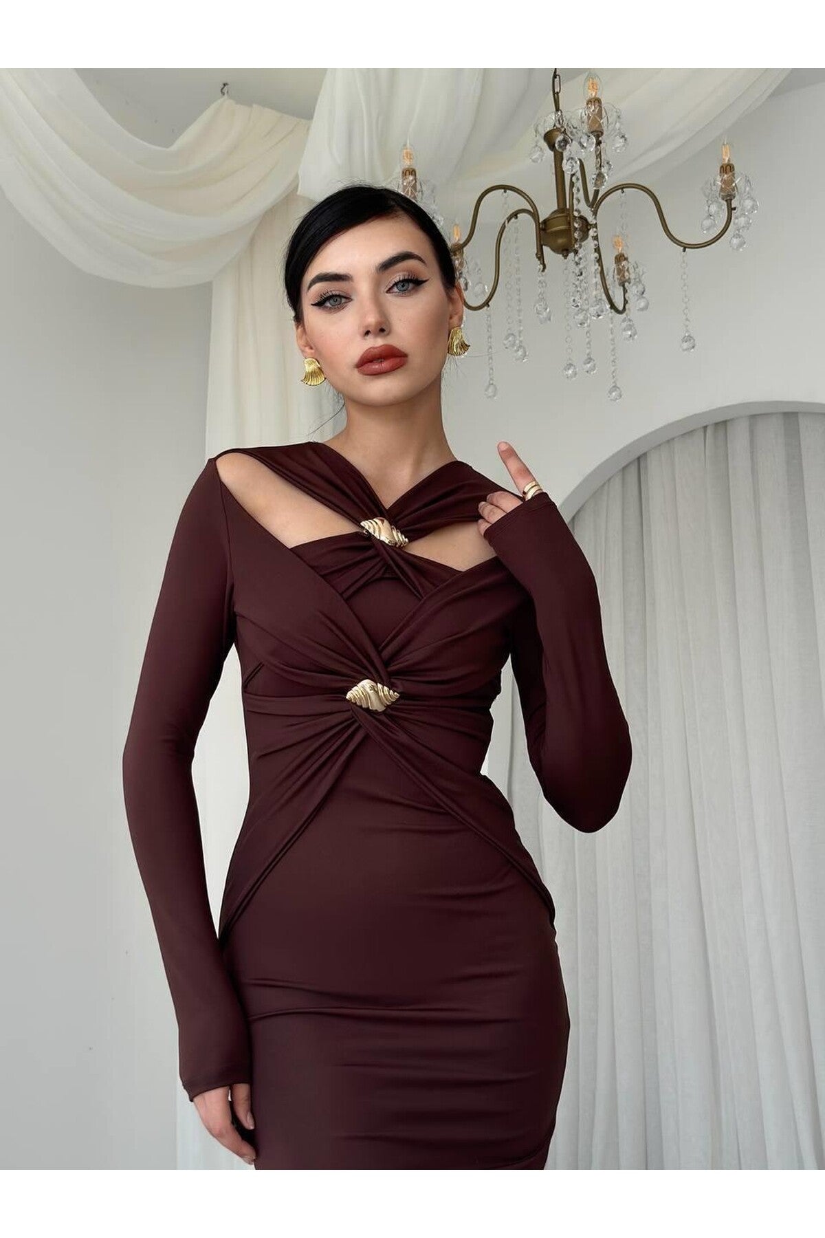 Brown Dande Brooch Detailed Dress