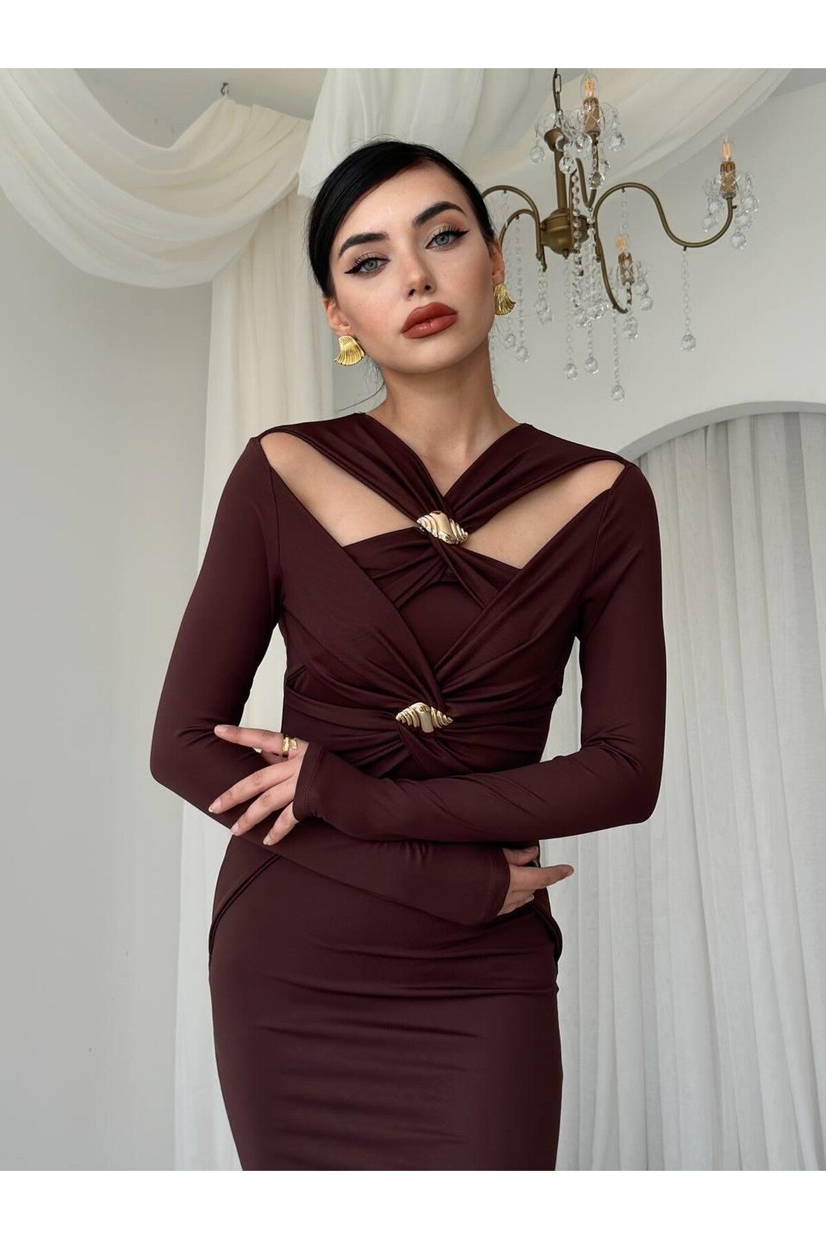 Brown Dande Brooch Detailed Dress