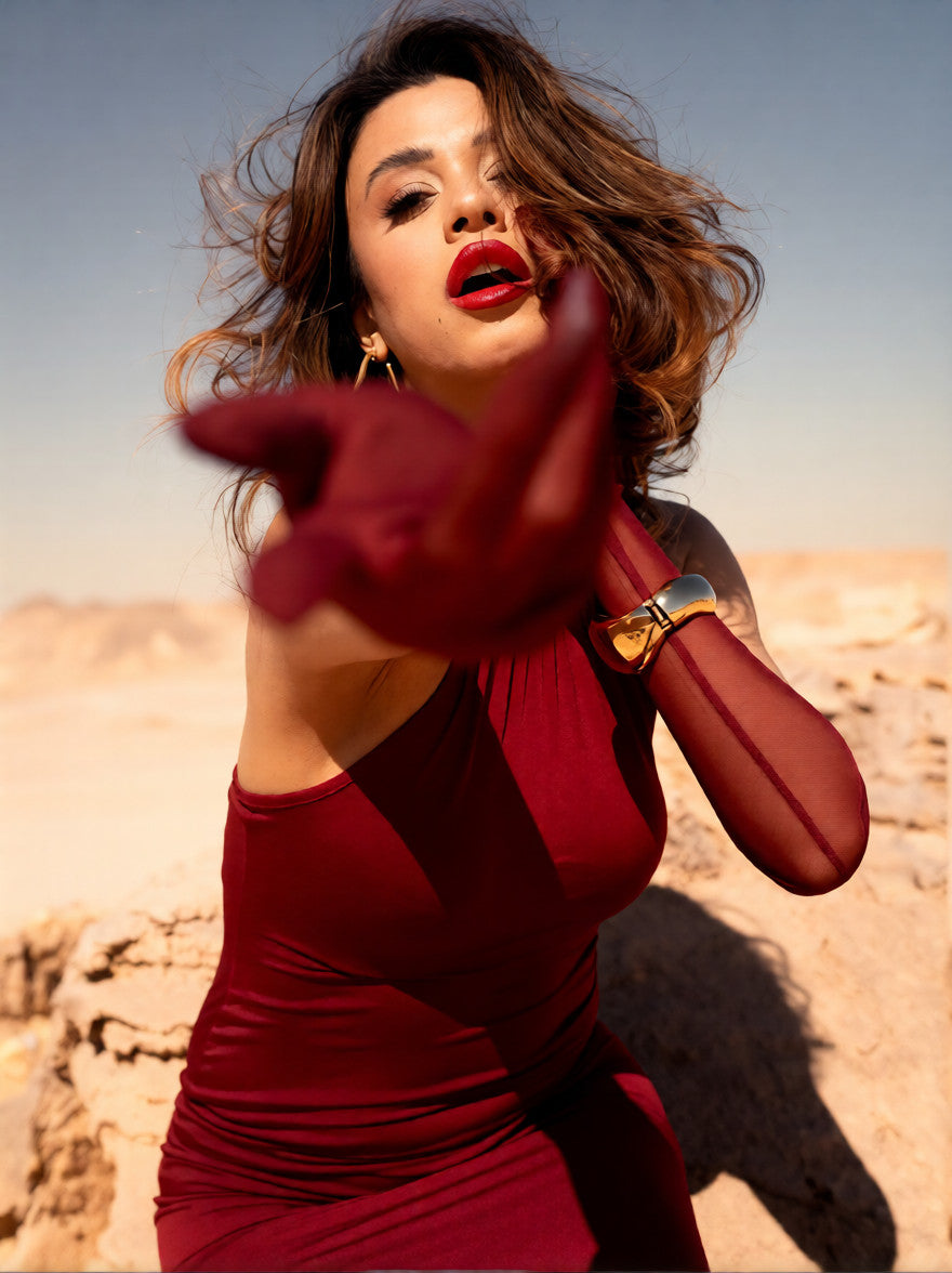 Burgundy SANNDY FABRIC DRESS WITH GLOVES