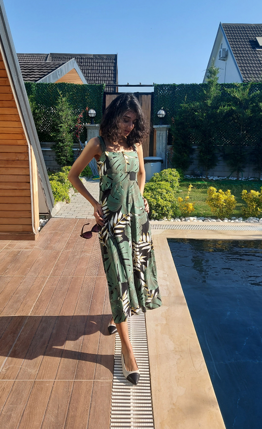 Green Zippered Large Palm Patterned Dress