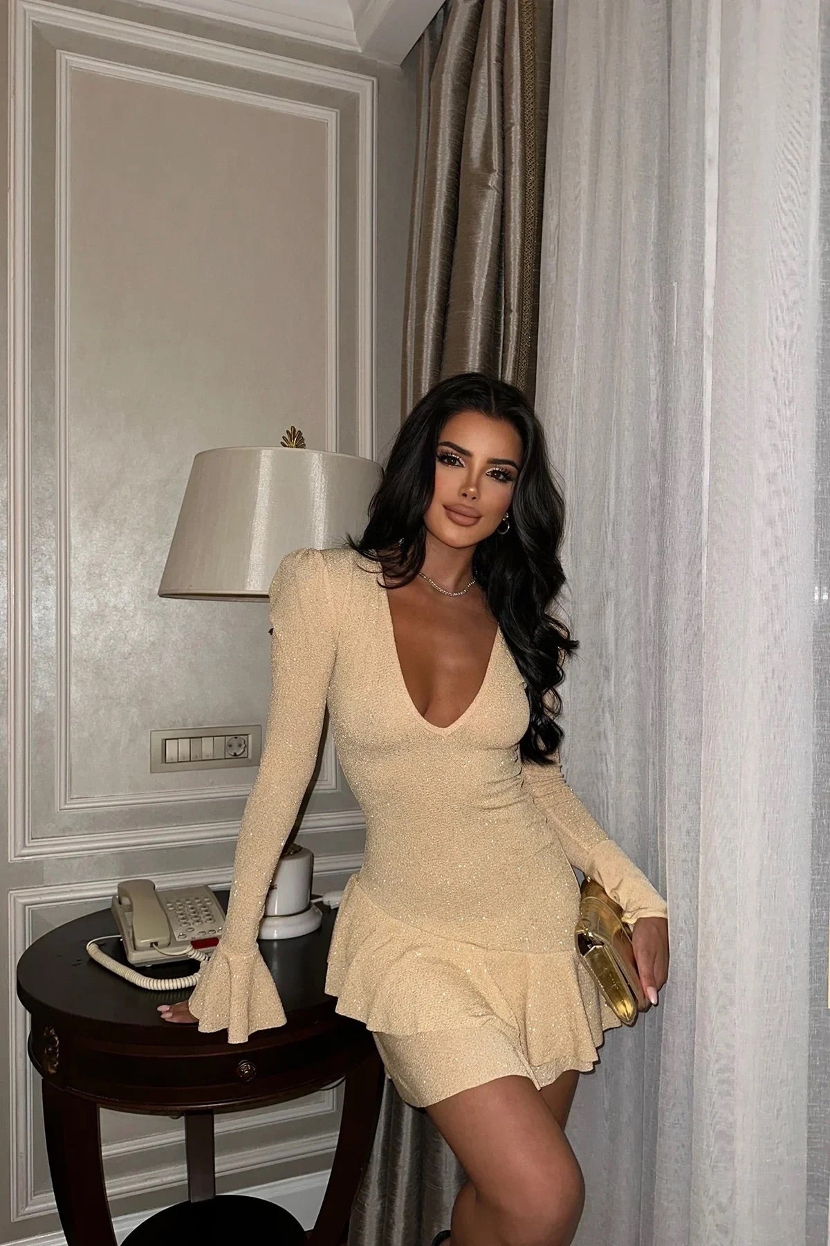 Gold V-Neck Mini Dress