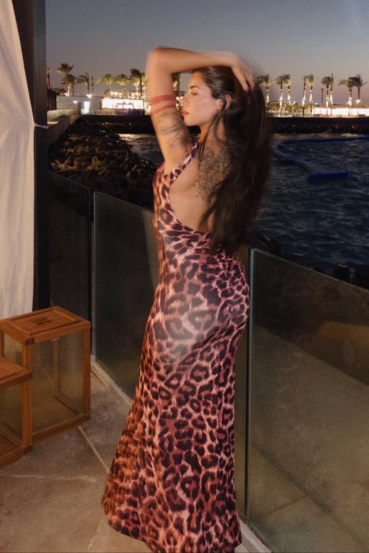 leopard micro fabric maxi dress