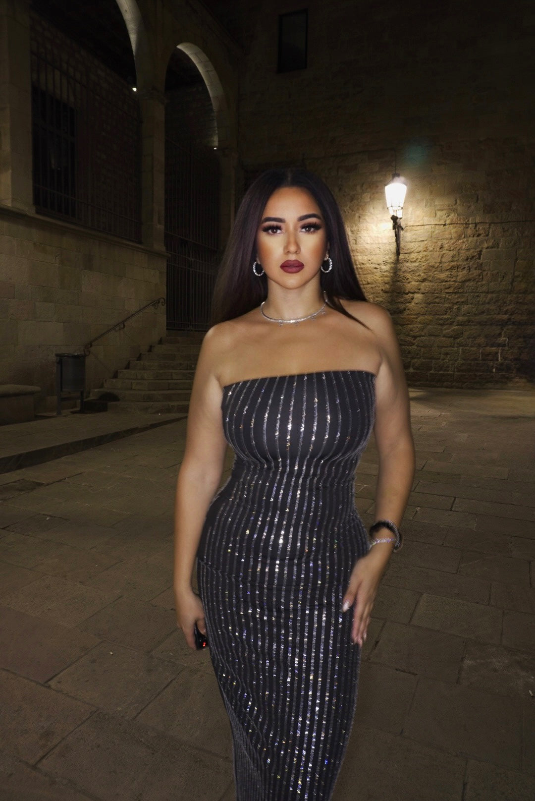 Maxi-Length Zirconium-Stone Strapless Dress