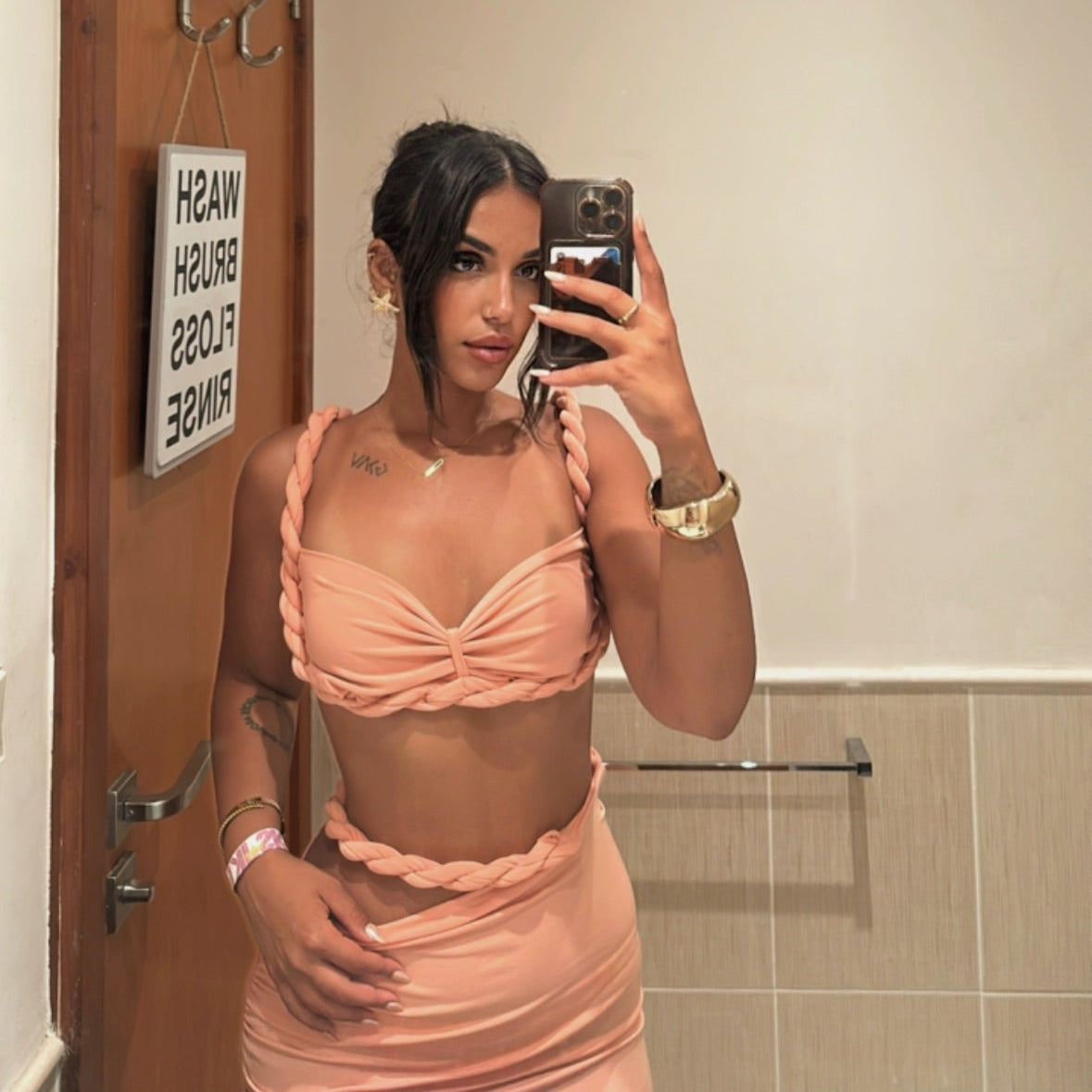 Orange Auger Fabric Detail Metal Back Clamped Bustier & Skirt Set