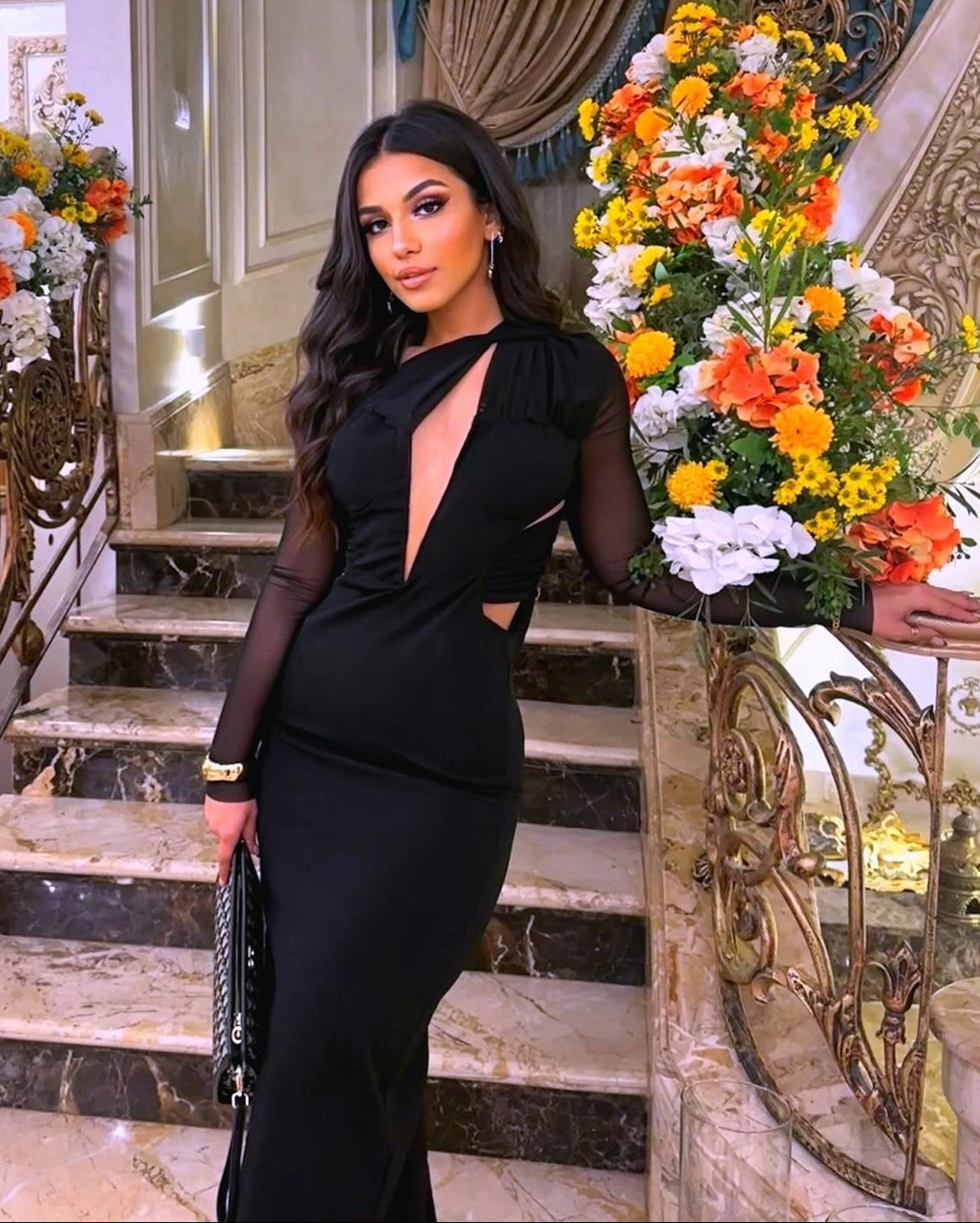 Black Arya V Detail Low-Cut Dress