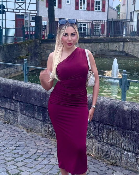 Burgundy one shoulder dress