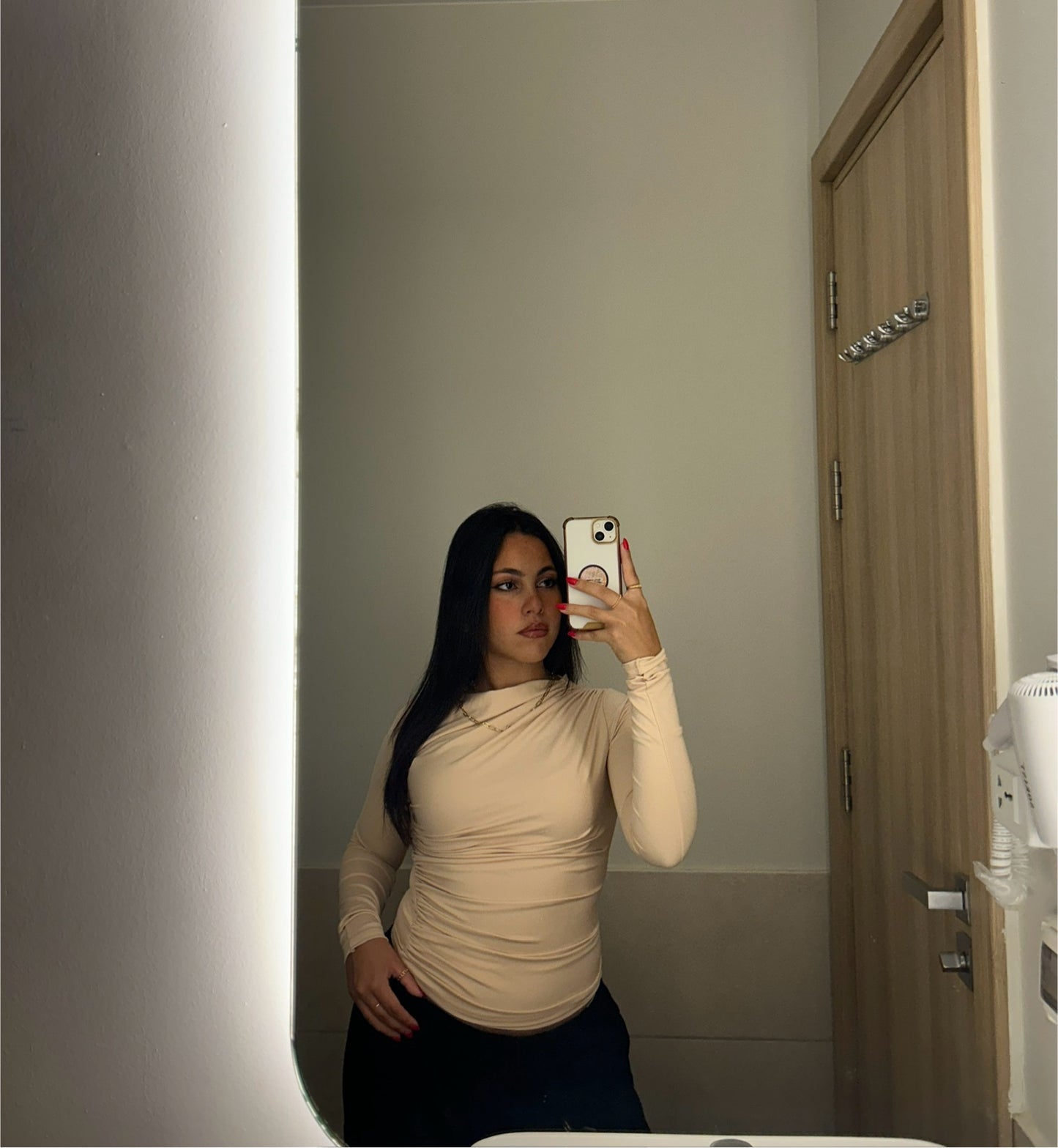 Beige Drape Long Sleeve Blouse
