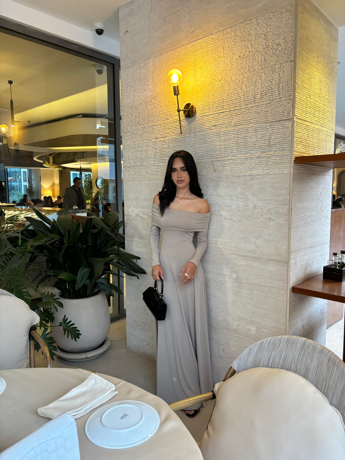 Beige Long Sleeve Basic Dress