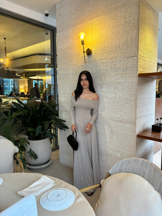 Beige Long Sleeve Basic Dress
