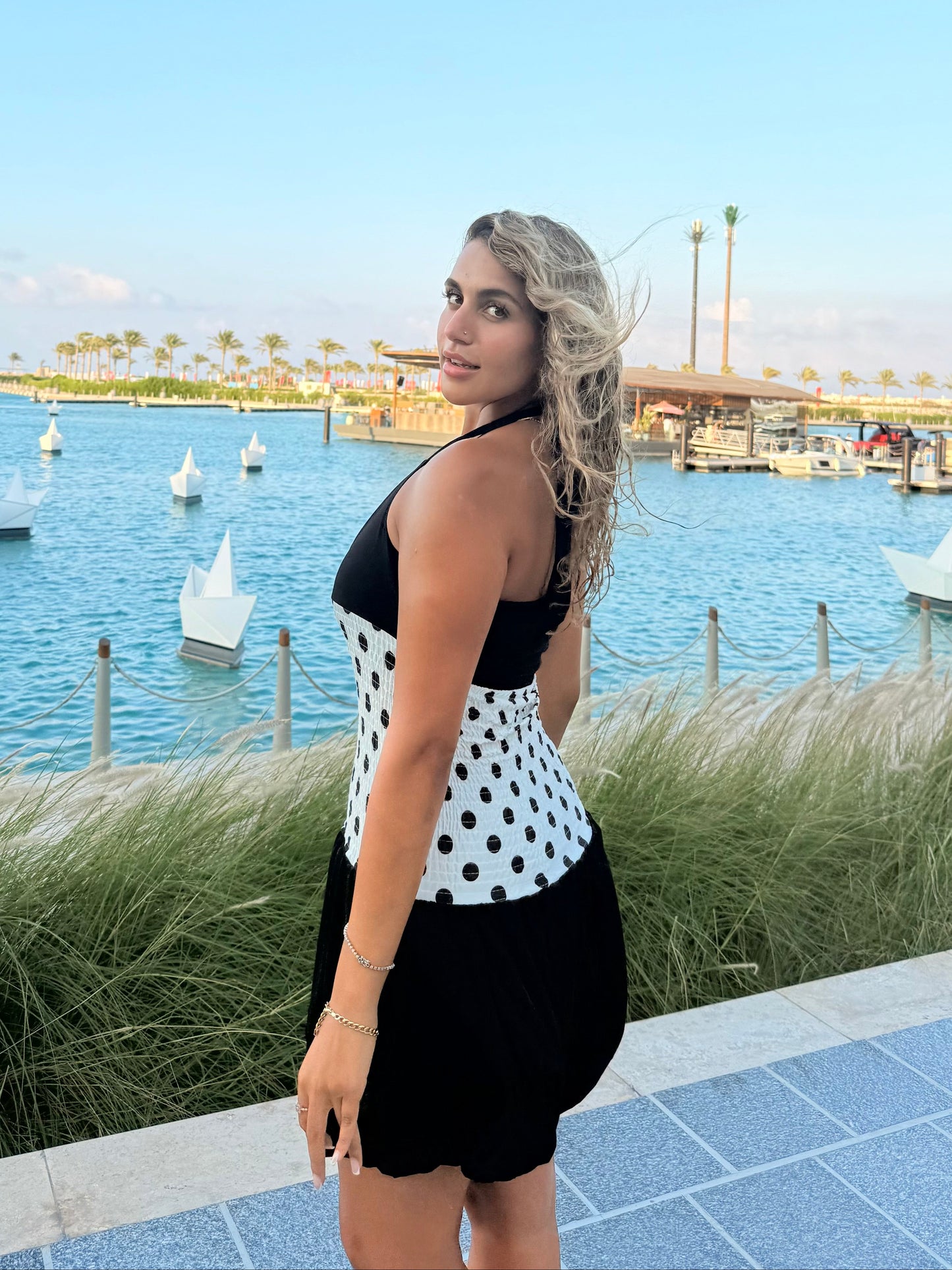 Black Sandy and Micro Fabric Polka Dot Waist Balloon Dress