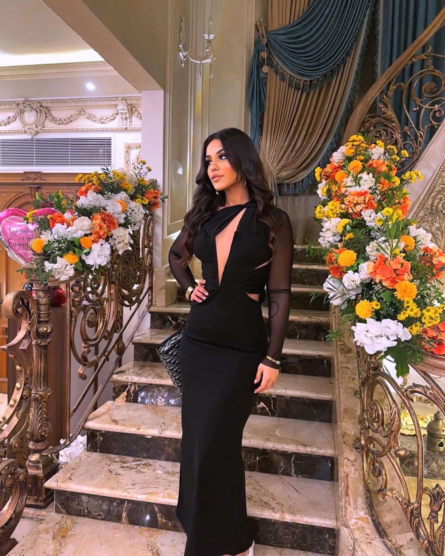 Black Arya V Detail Low-Cut Dress