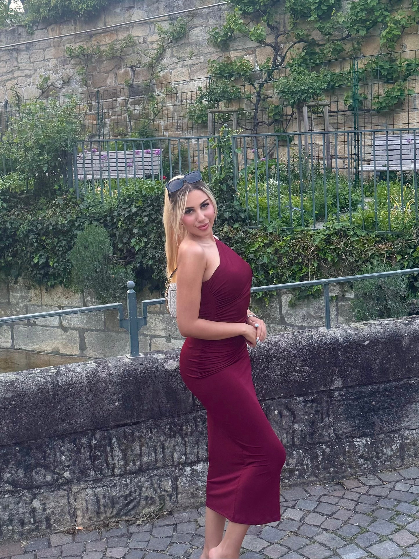 Burgundy one shoulder dress