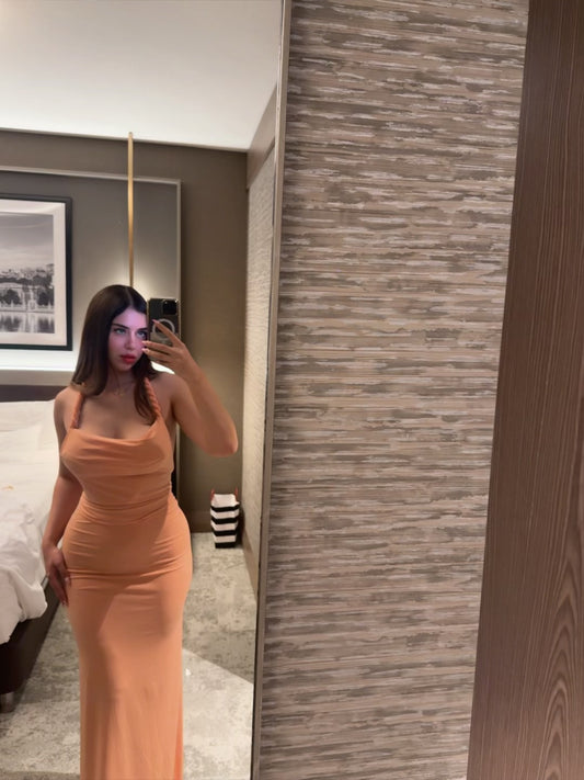 orange Sandy Fabric Twist Strap Detail Backless Long Dress