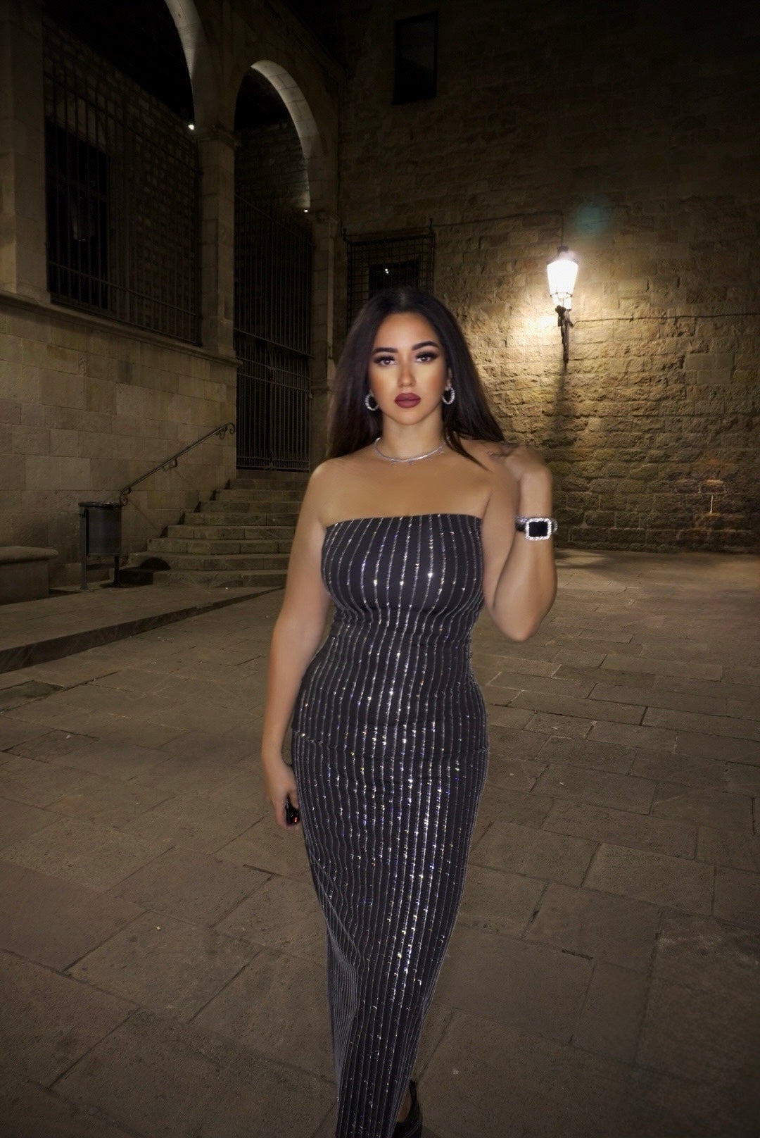 Maxi-Length Zirconium-Stone Strapless Dress