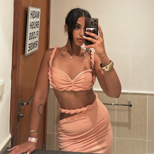 Orange Auger Fabric Detail Metal Back Clamped Bustier & Skirt Set