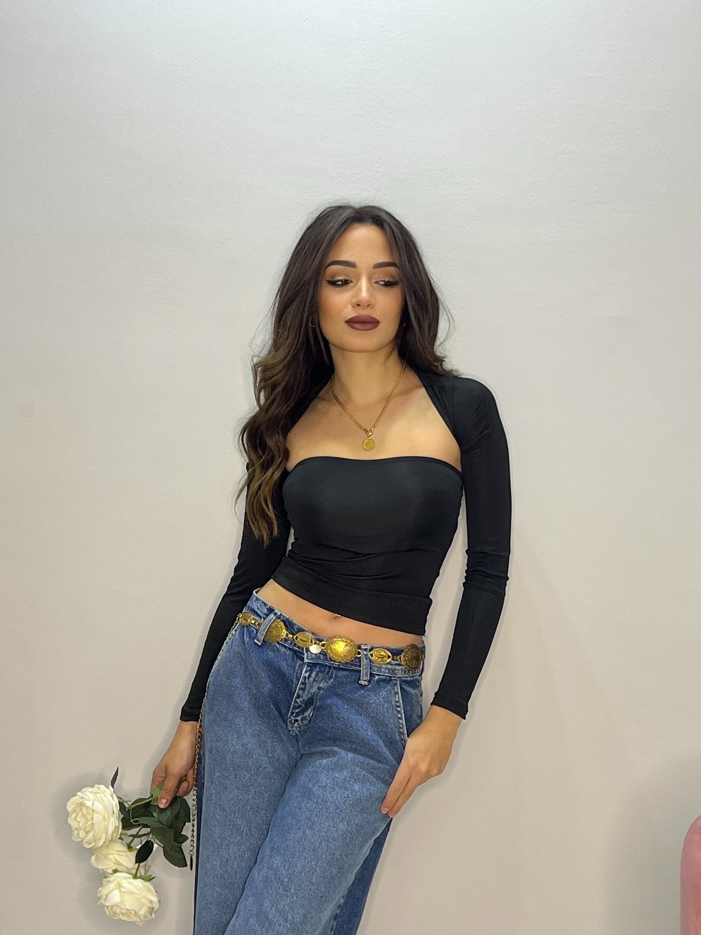 Black 2 pieces -  Off-shoulder Crop Tops Long Sleeve