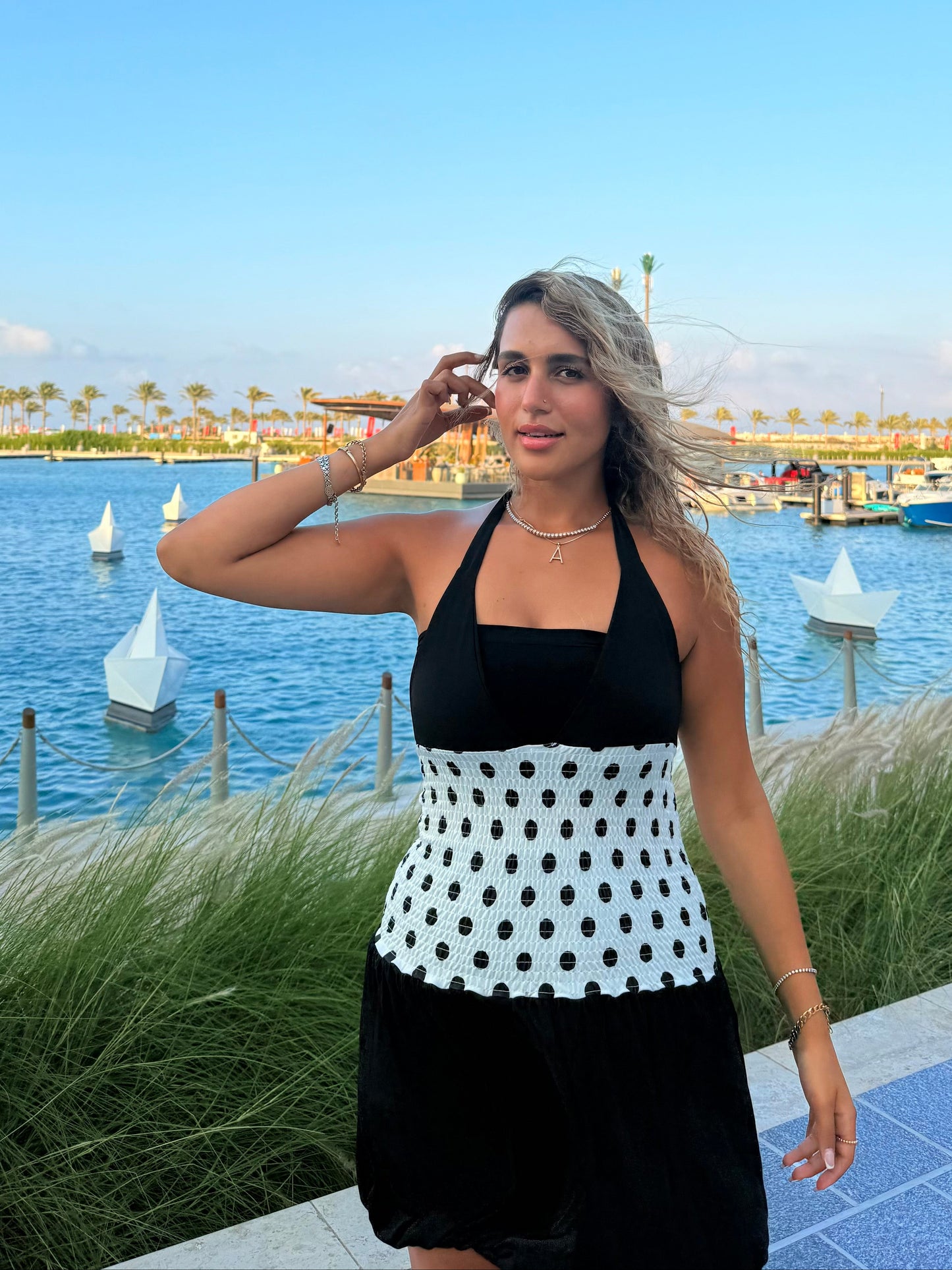 Black Sandy and Micro Fabric Polka Dot Waist Balloon Dress