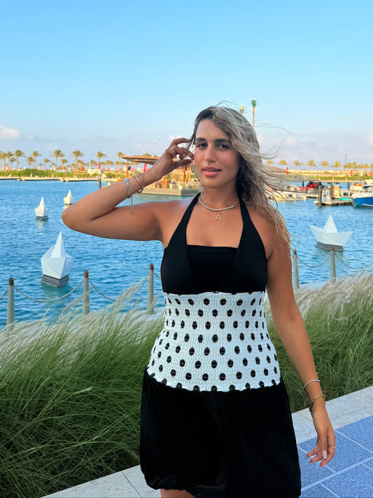 Black Sandy and Micro Fabric Polka Dot Waist Balloon Dress