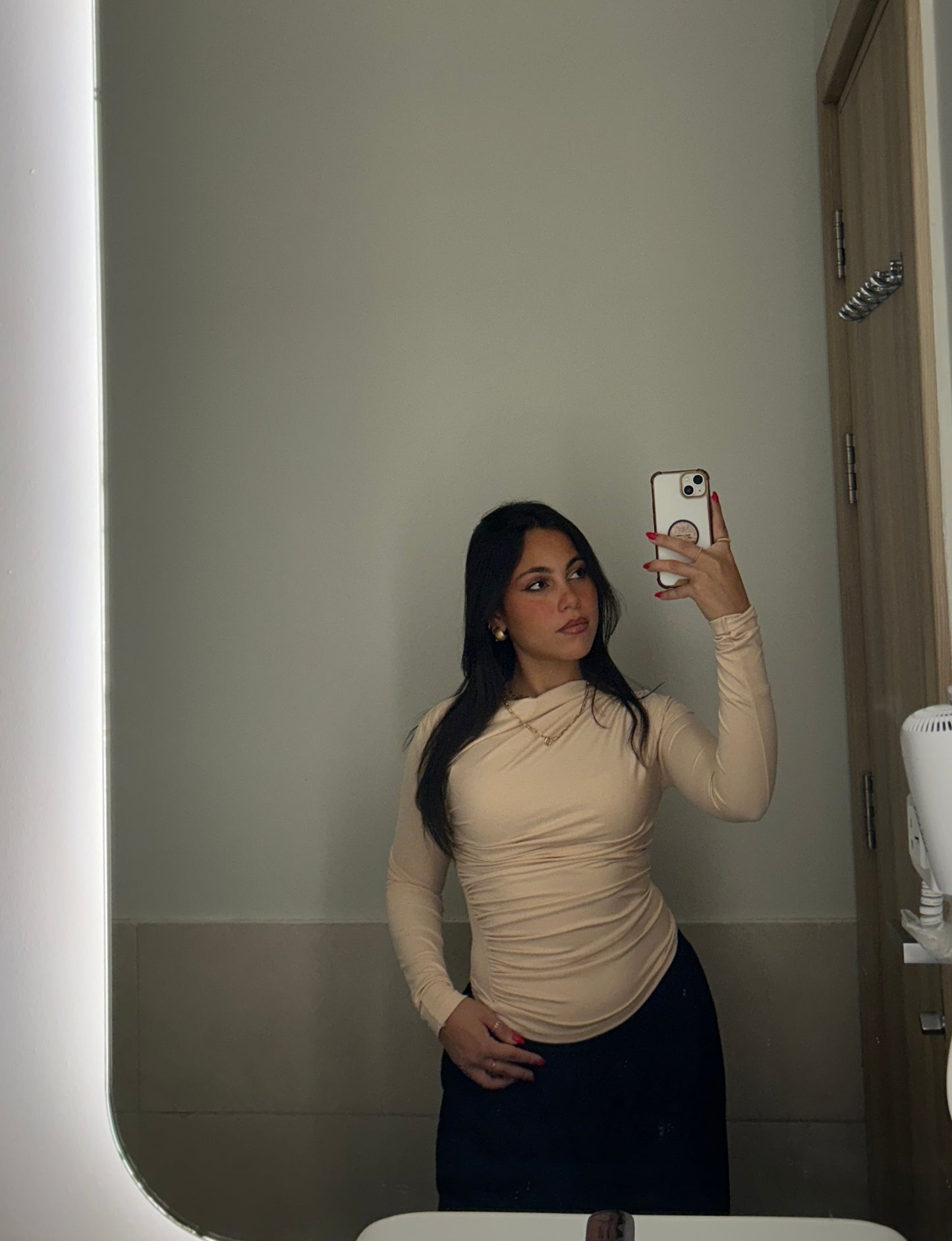 Beige Drape Long Sleeve Blouse