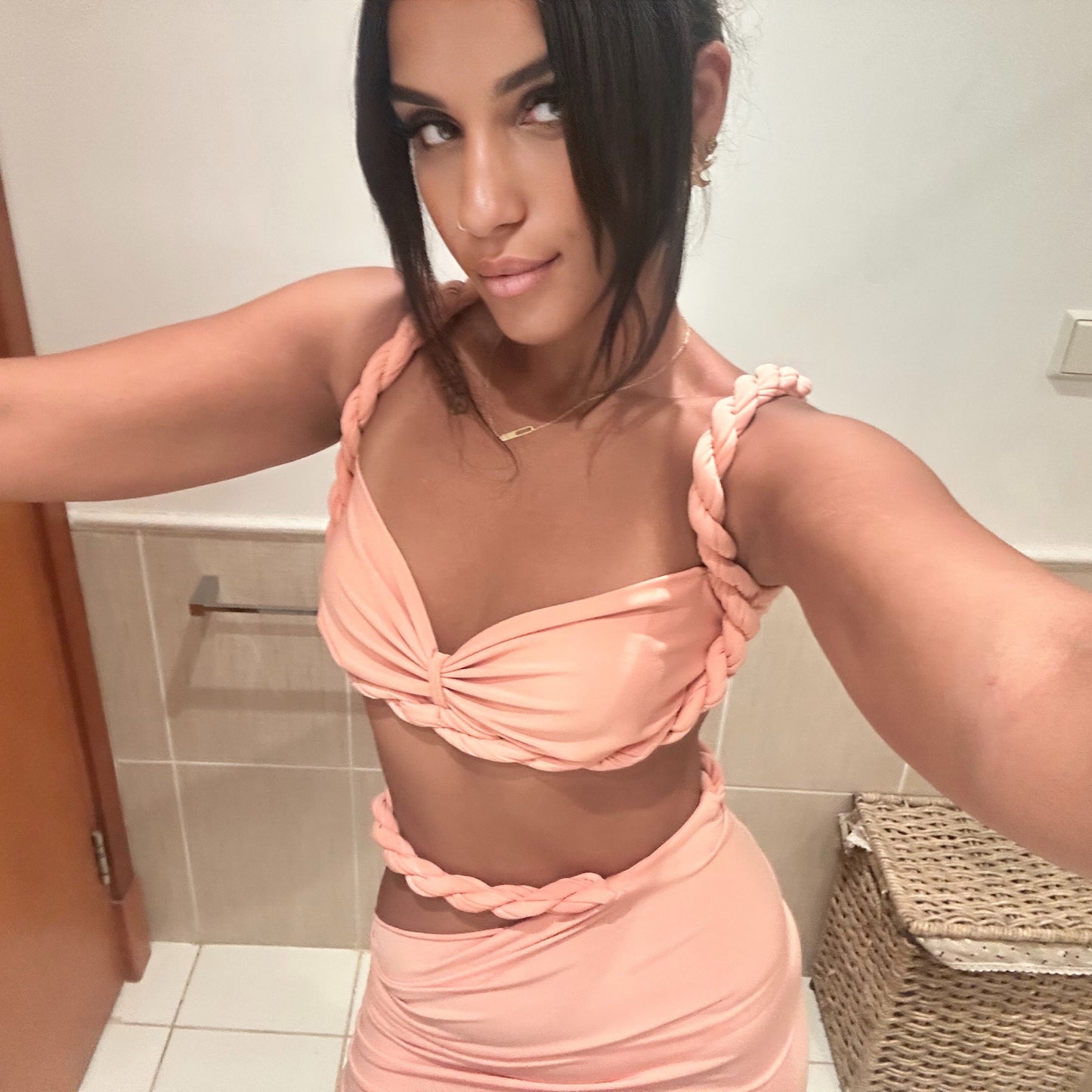 Orange Auger Fabric Detail Metal Back Clamped Bustier & Skirt Set