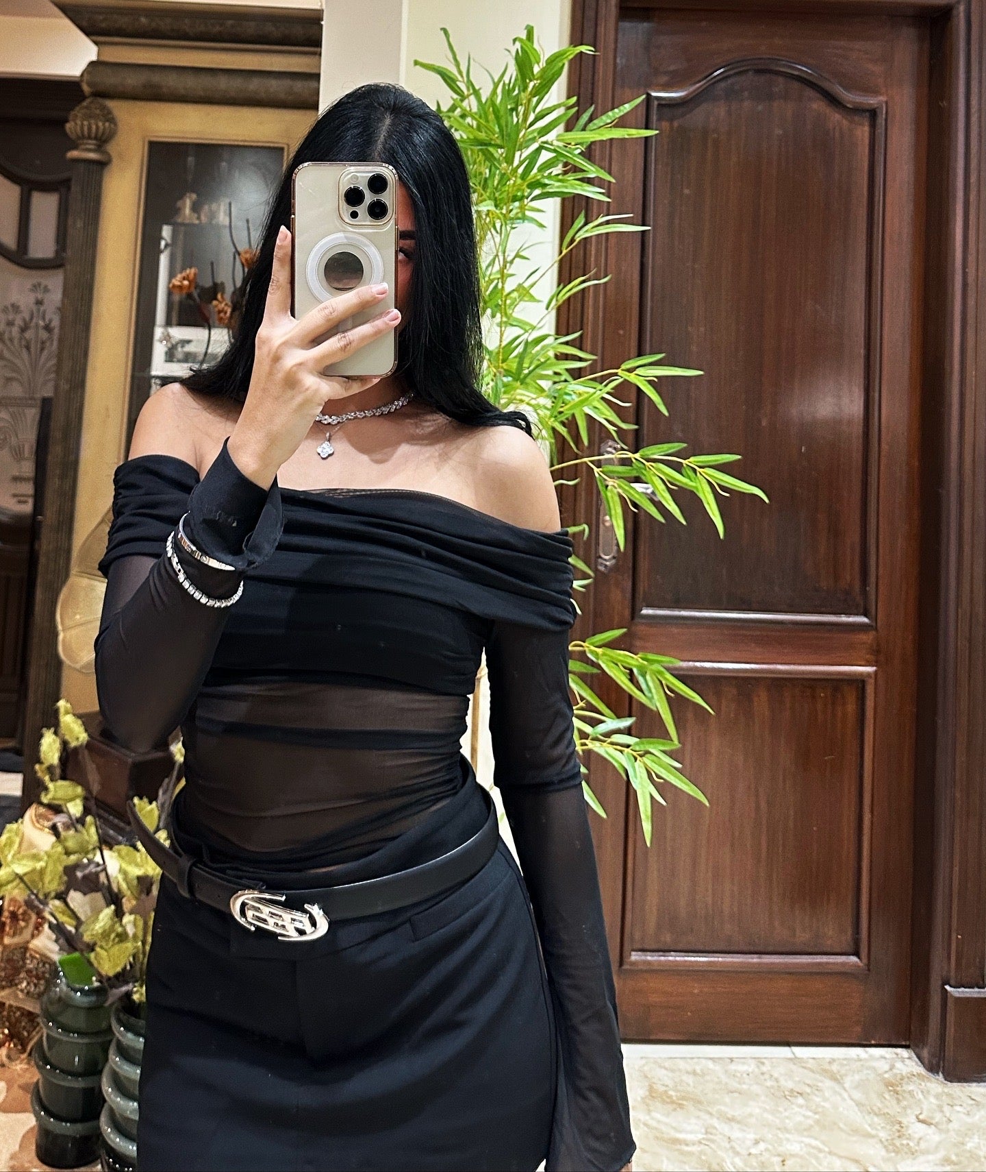 Black Mesh Off Shoulder Top