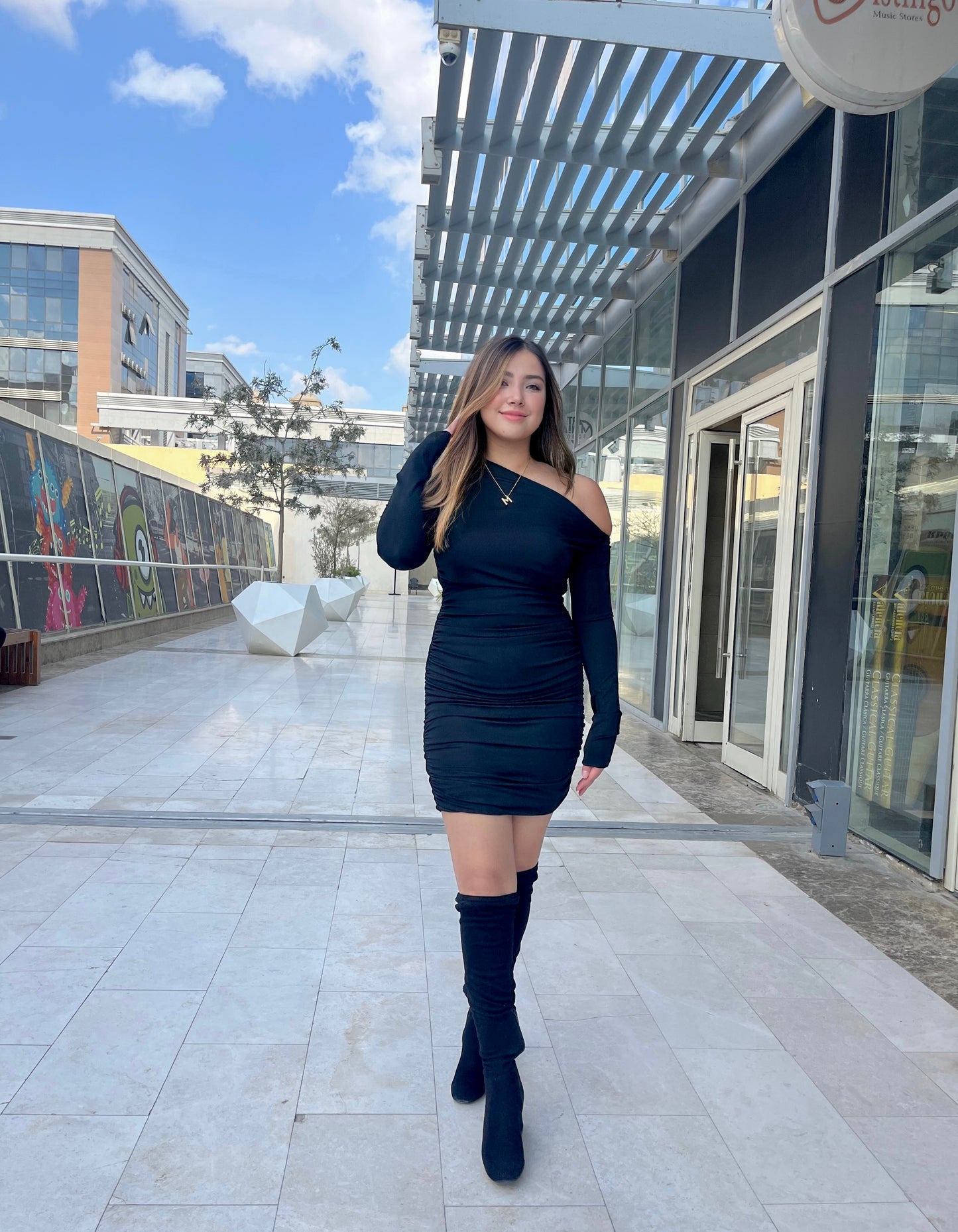 Black One-Shoulder Ruched Mini Dress