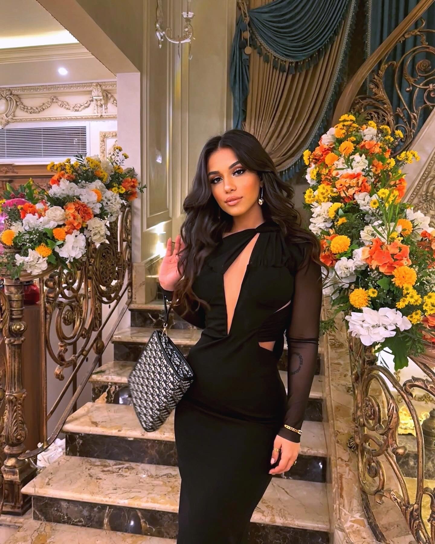 Black Arya V Detail Low-Cut Dress