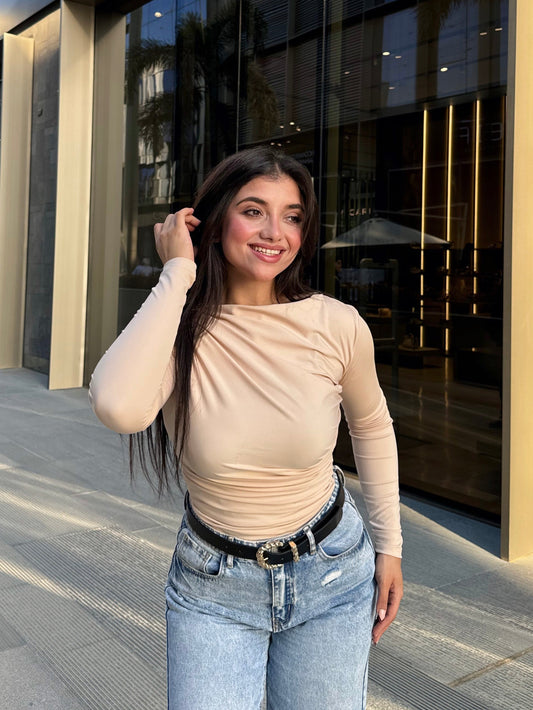 Beige Drape Long Sleeve Blouse