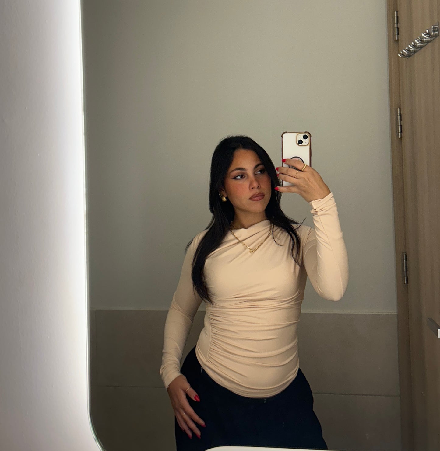 Beige Drape Long Sleeve Blouse