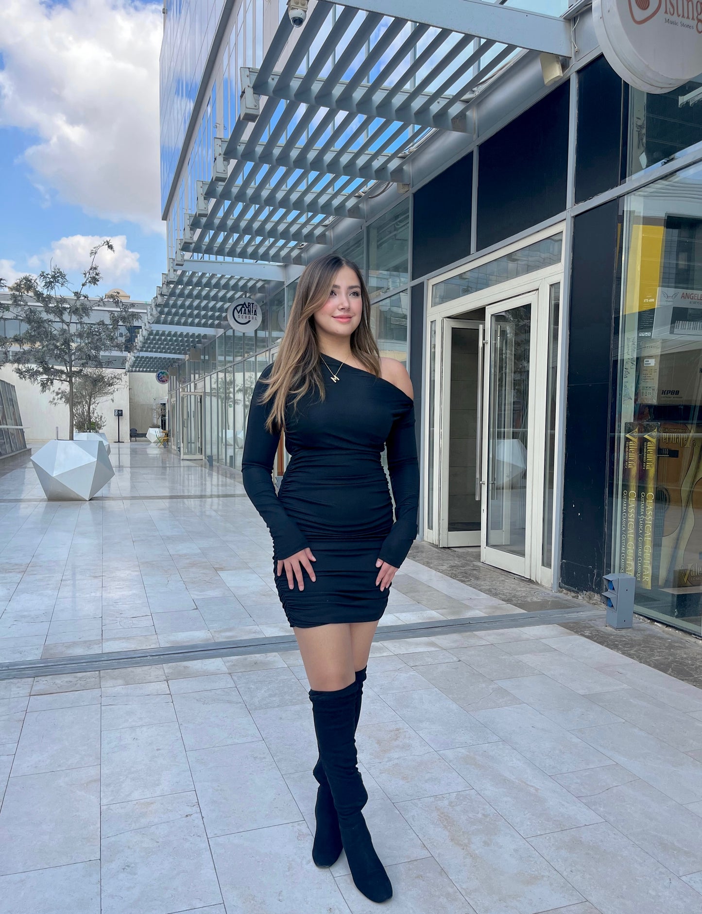 Black One-Shoulder Ruched Mini Dress
