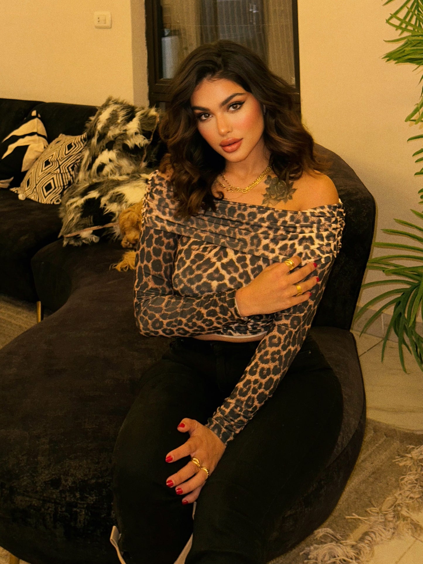 leopard off shoulder long sleeve