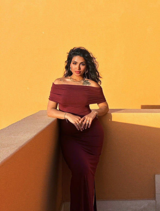 Burgundy off shoulder  Collar Long Dress