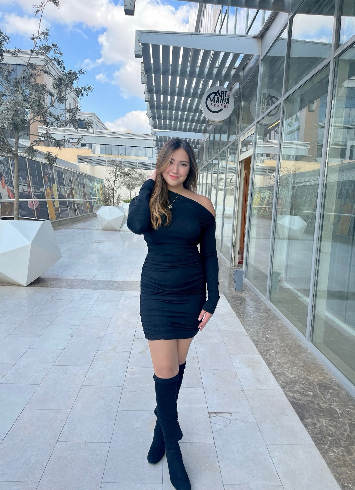 Black One-Shoulder Ruched Mini Dress
