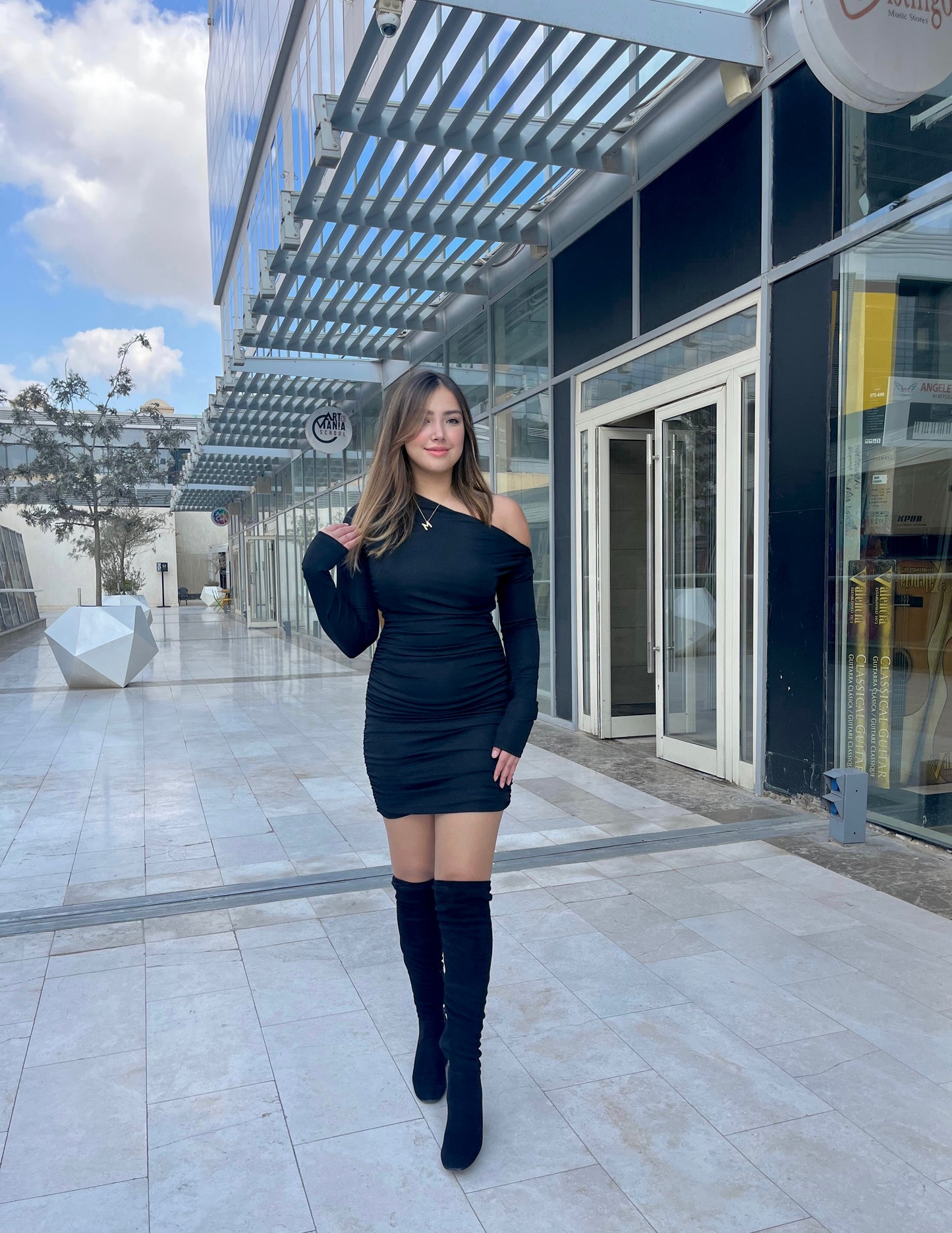 Black One-Shoulder Ruched Mini Dress