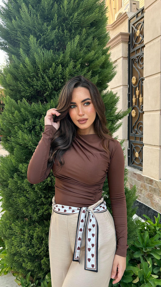 Brown Drape Long Sleeve Blouse