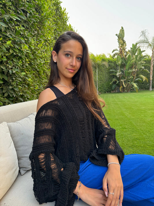 Black V-Neck Knitwear Blouse