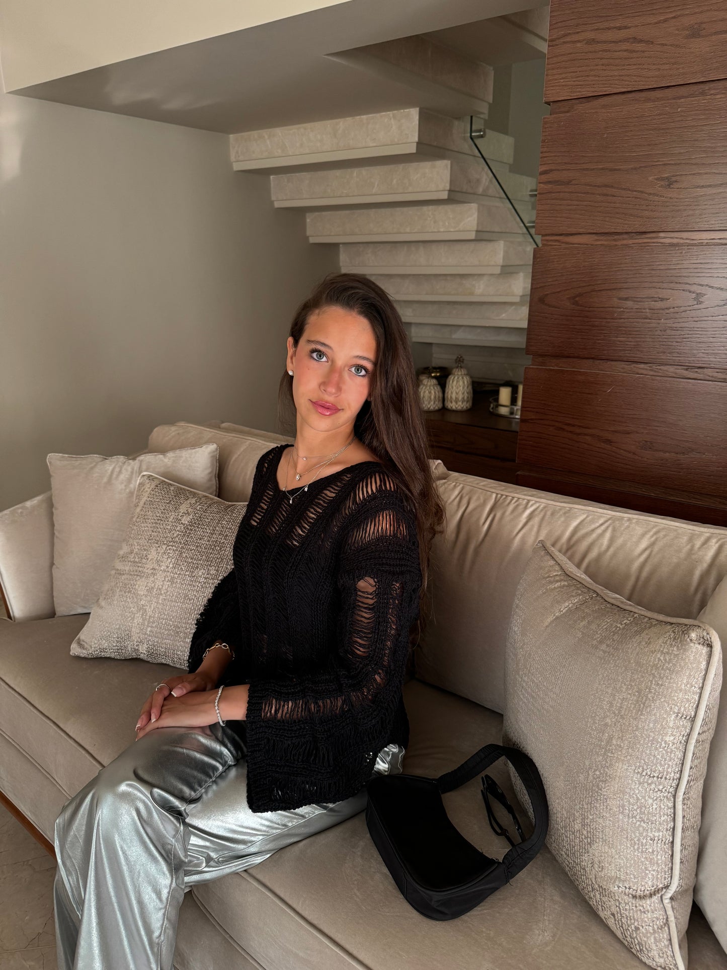 Black V-Neck Knitwear Blouse