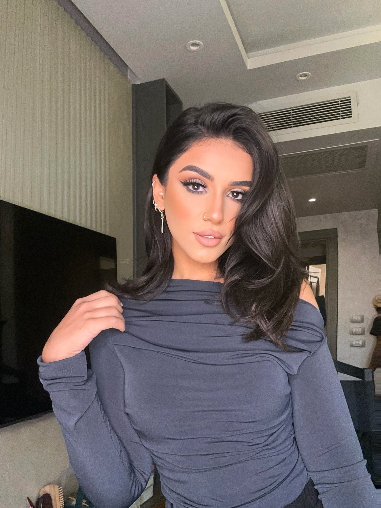 Gray ( sandy) off shoulder top - long sleeve