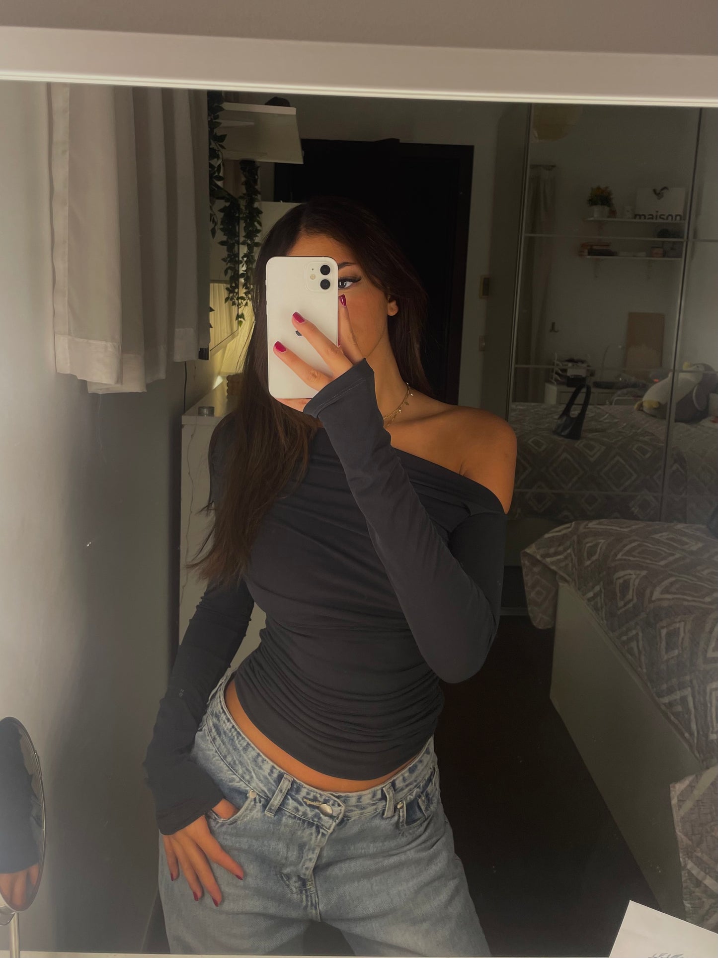 Gray ( sandy) off shoulder top - long sleeve