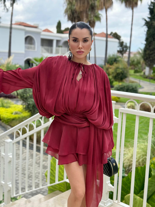 burgandy Organza Fabric Lined Designer Mini Dress with short