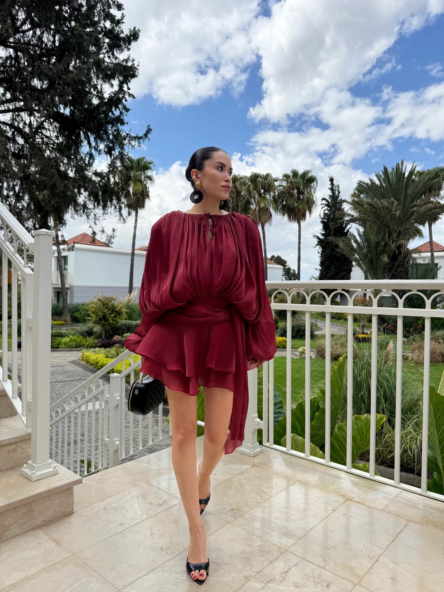 burgandy Organza Fabric Lined Designer Mini Dress with short