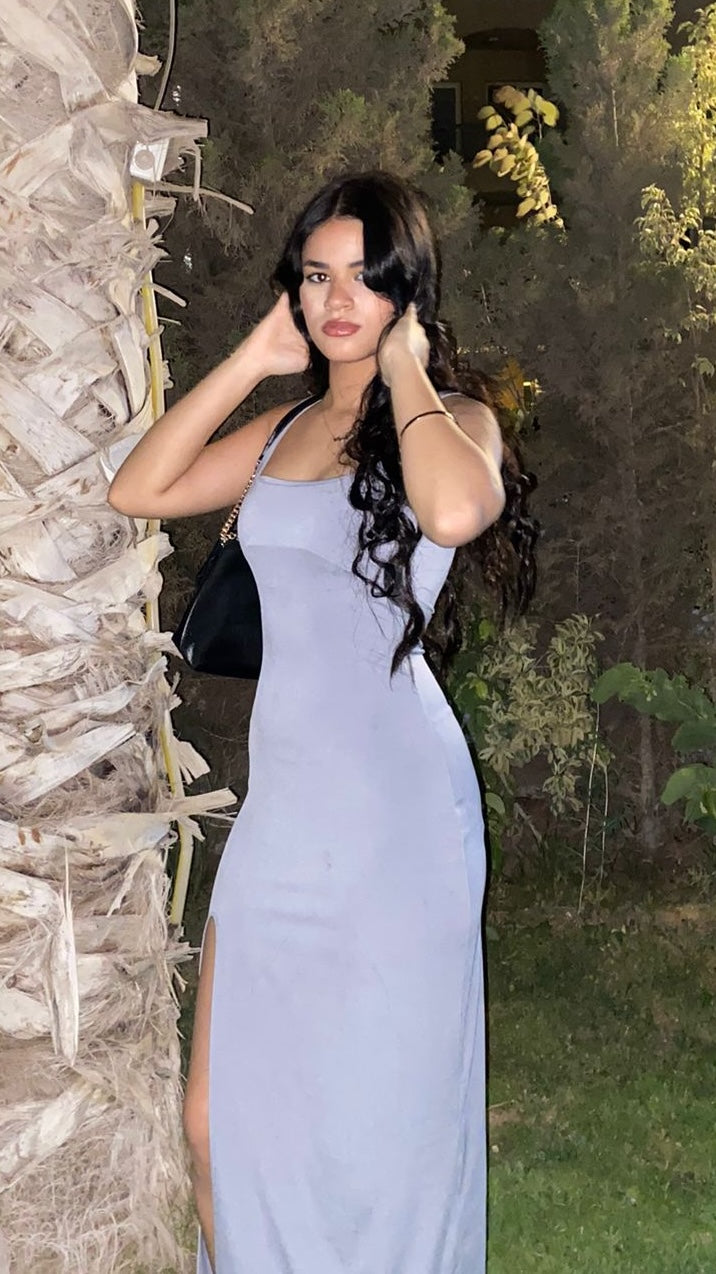 Gray Square Collar Slit Dress
