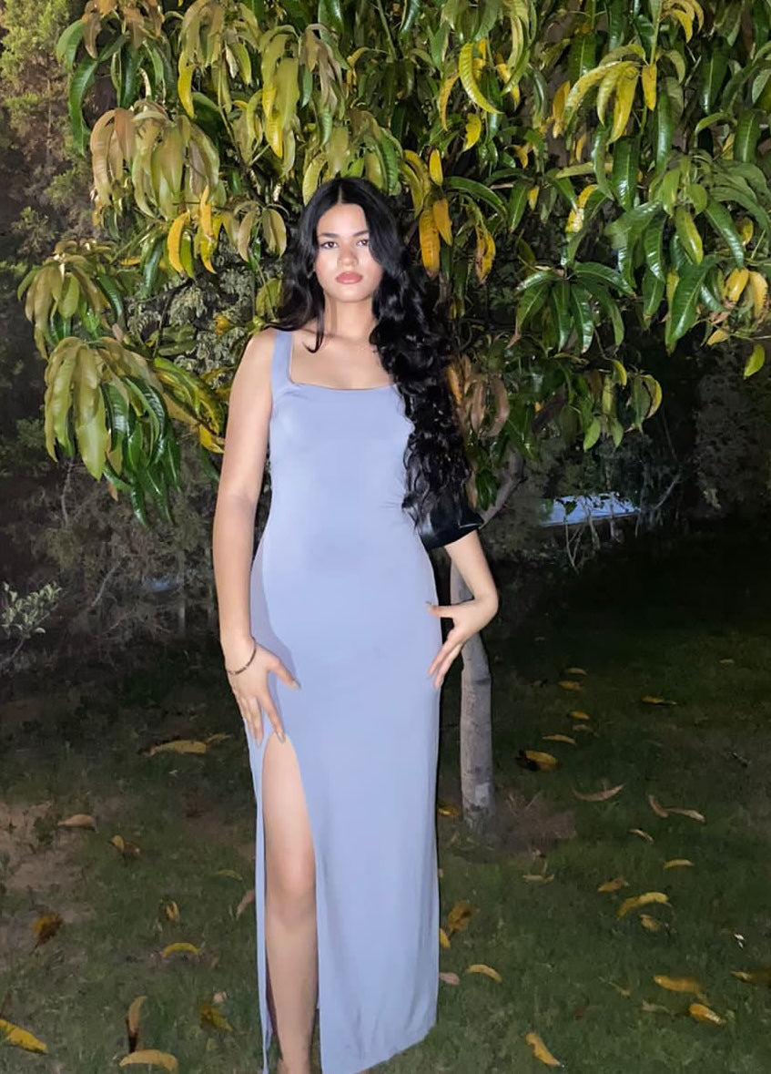 Gray Square Collar Slit Dress