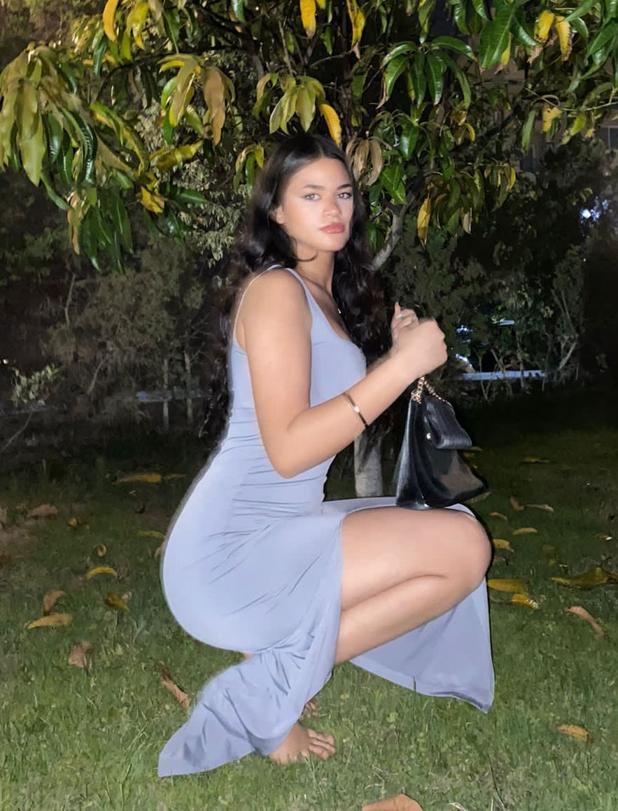 Gray Square Collar Slit Dress