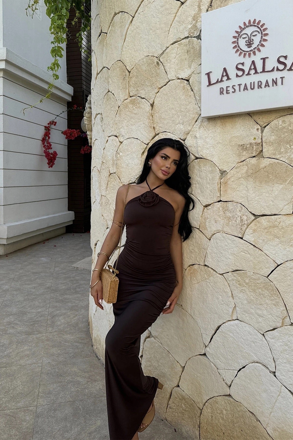 Brown Petite Tie-Up Dress