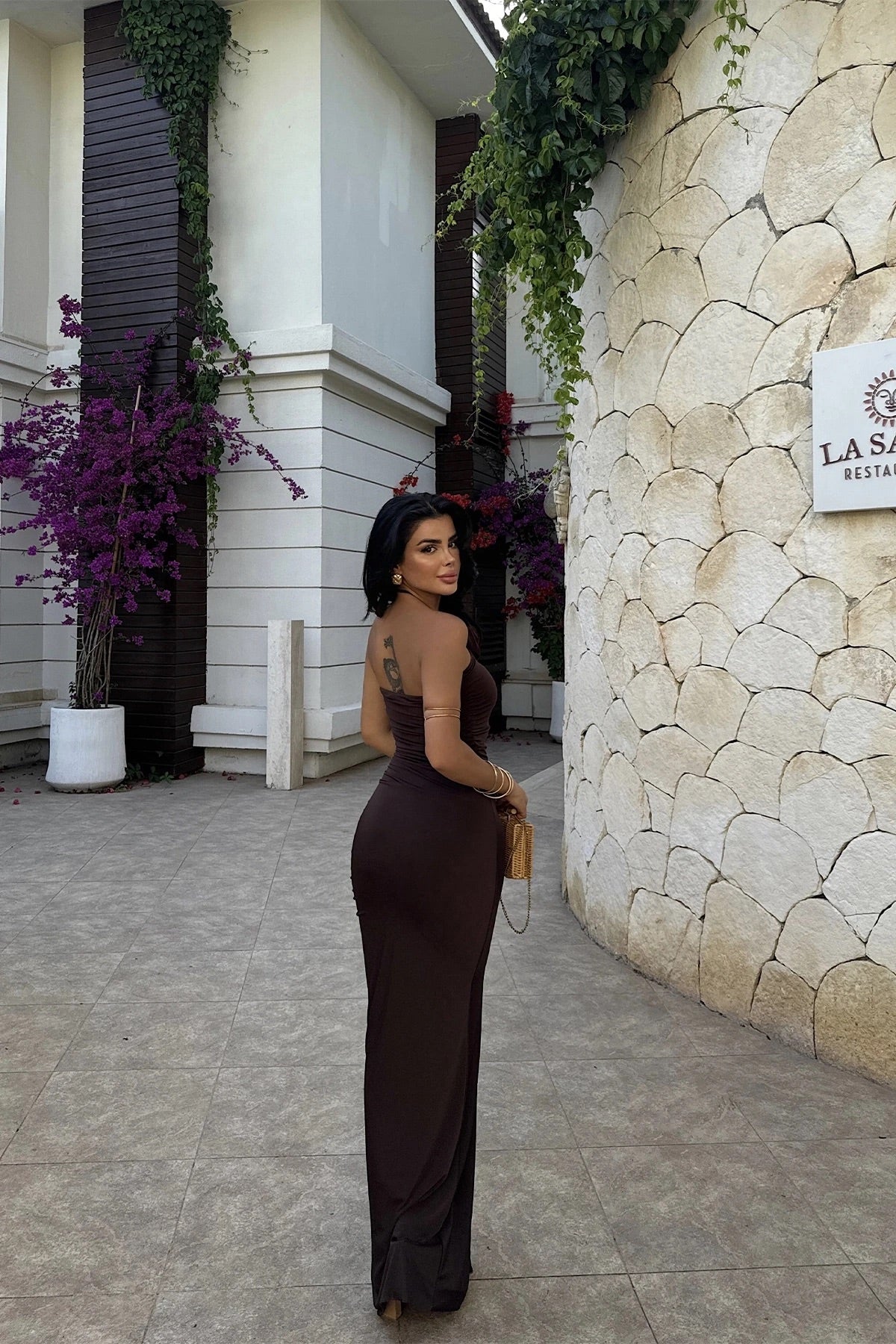 Brown Petite Tie-Up Dress