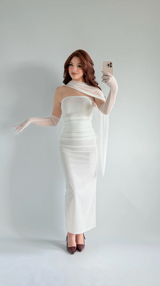 White SCUBA CREP FABRIC DRESS WITH MESH GLOVE