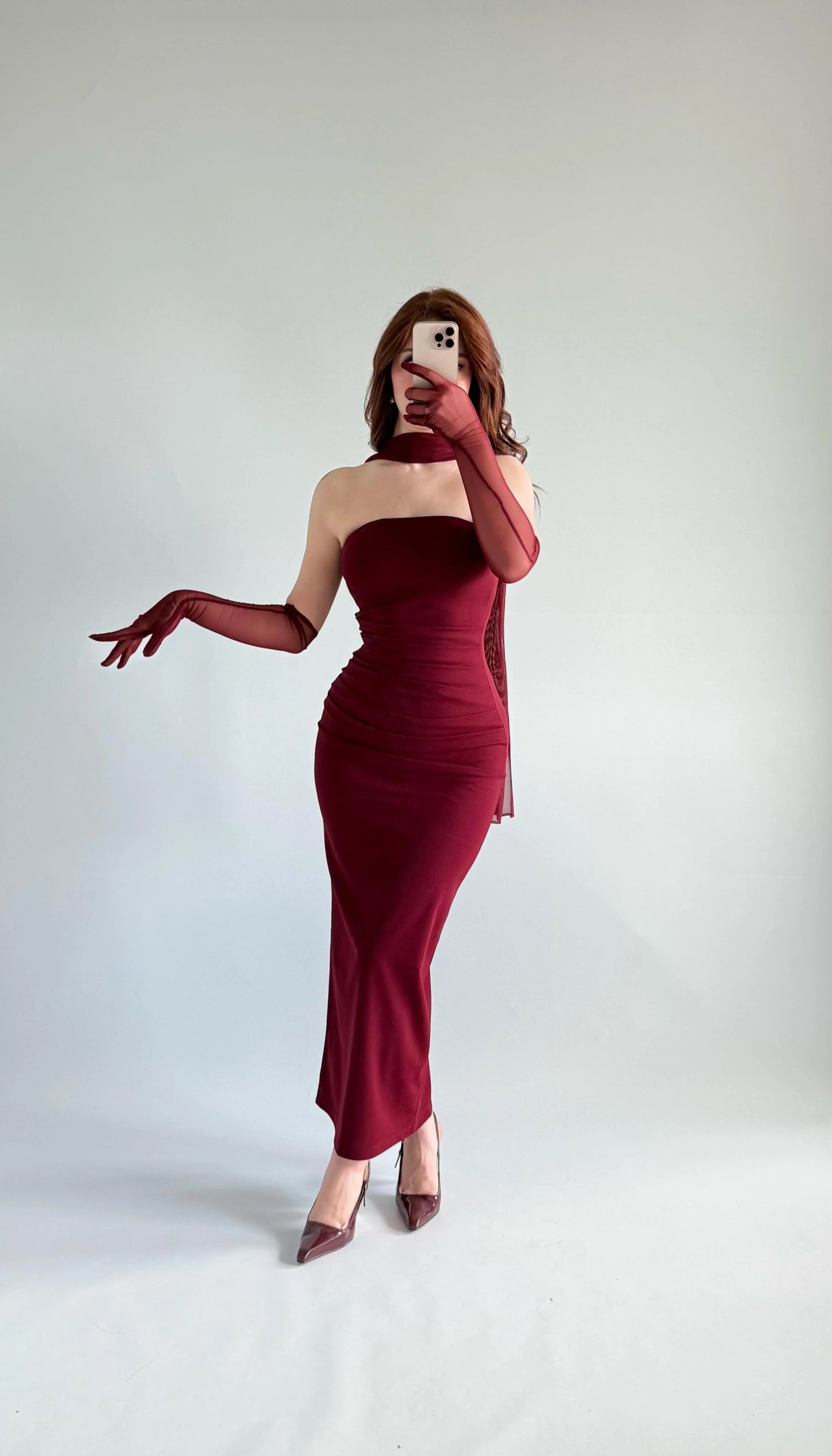 Burgundy SCUBA CREP FABRIC DRESS WITH MESH GLOVE